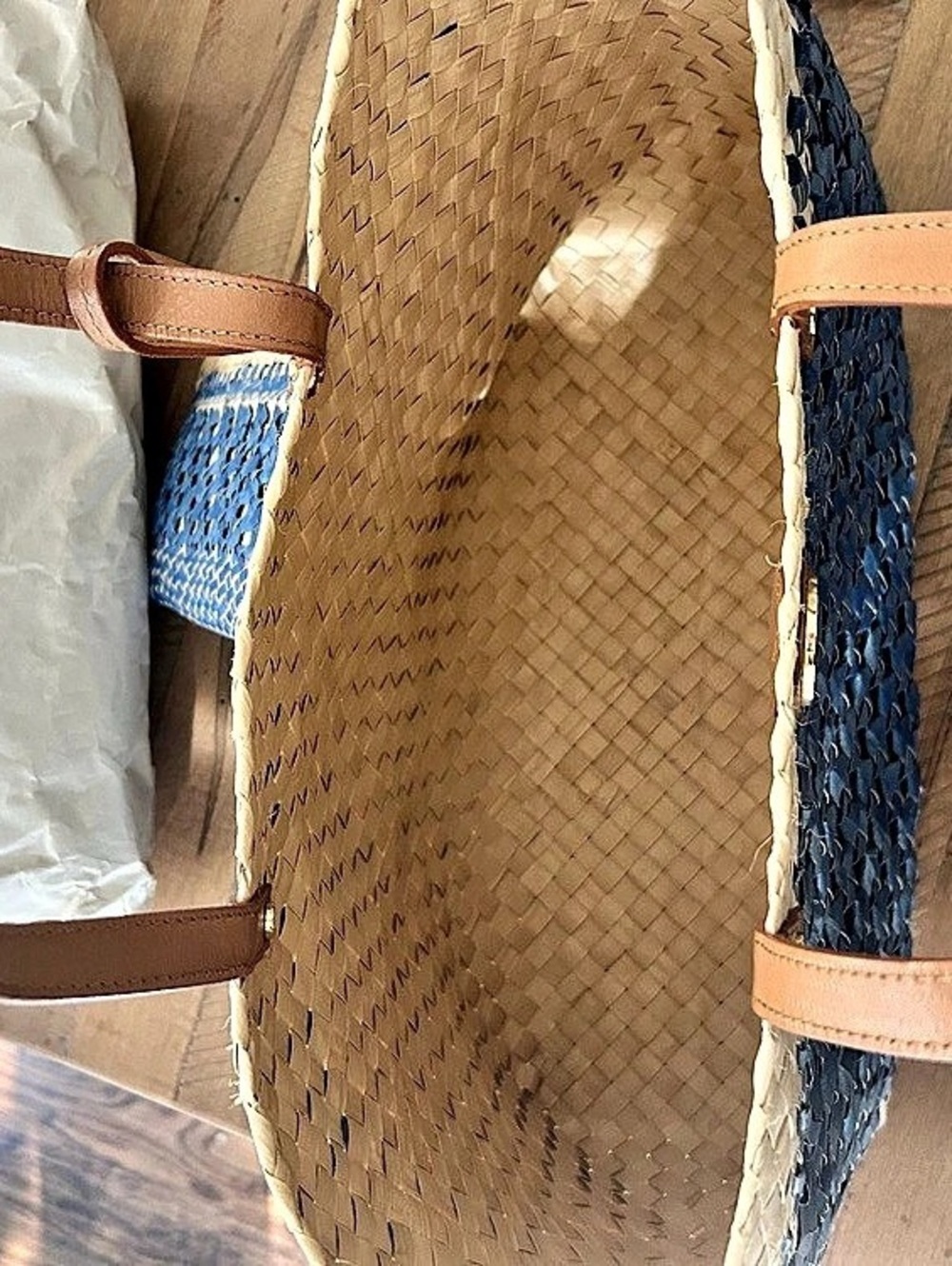 Tory Burch Ella Straw Basket Tote Blue & Tan - Picture 5 of 9